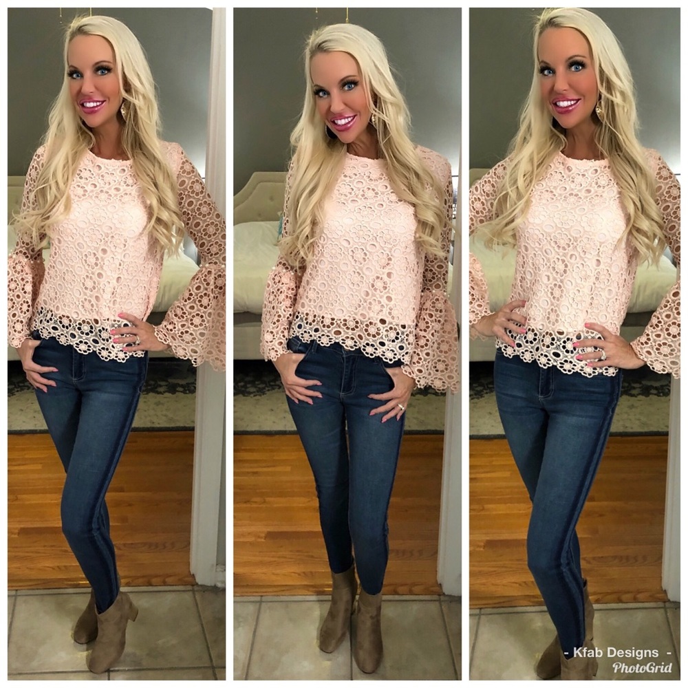 🥰LAST 1! Blush Bell Sleeve Crochet Overlay Top! - Picture 3 of 6
